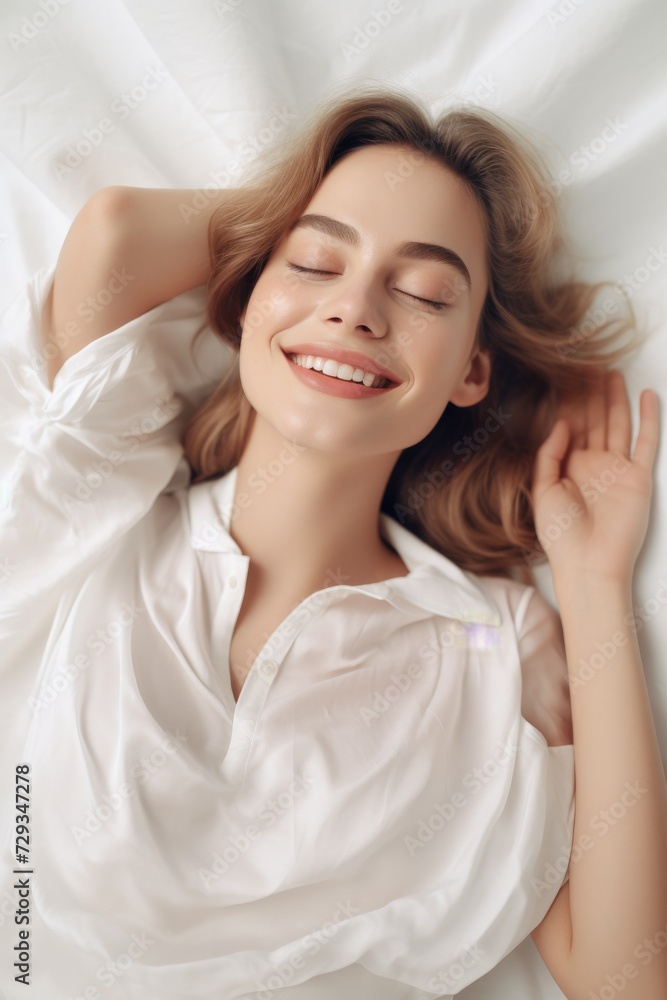 Caucasian woman reclines luxuriously on a plush, white bed and pillow. Behold the tranquil joy in her smile as her eyes emanate serenity. Caucasian woman reclines luxuriously on a plush, white bed and pillow. Behold the tranquil joy in her smile as her eyes emanate serenity.