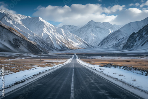 A white road surrounded by snowy mountains and mountain ranges.