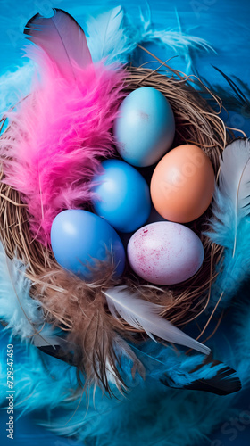 Easter colored eggs in a nest with feathers, top view, blue background. Happy Easter composition. Postcard banner for Easter. Colorfully decorated Easter eggs