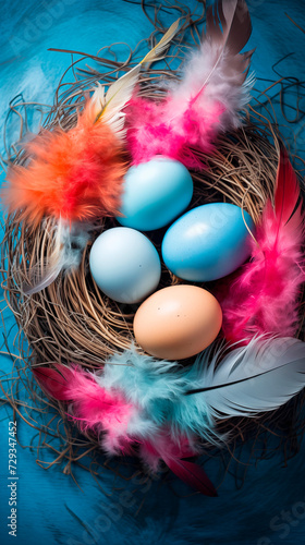 Easter colored eggs in a nest with feathers, top view, blue background. Happy Easter composition. Postcard banner for Easter. Colorfully decorated Easter eggs