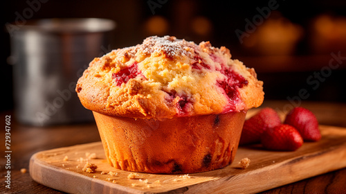 a muffin with strawberries on a table