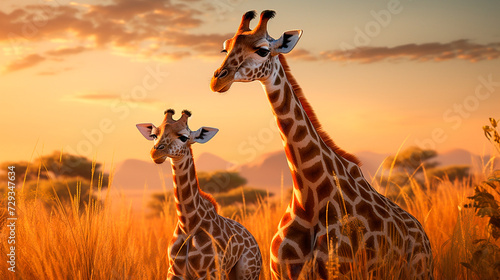 a giraffe and her baby in a field
