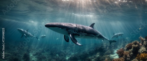 Whale swimming underwater in the ocean. Underwater world © i7 Binno