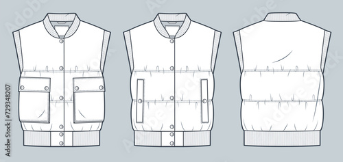 Cropped Down Jacket Vest technical fashion Illustration. Puffer Bomber with ribbed trim fashion technical drawing template, pockets, button, front, back view, white, women, men, unisex CAD mockup set.