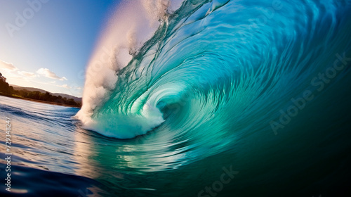 a wave breaking in the ocean with a blue sky © Alla