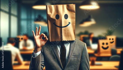 a man with a paper bag on his head with a picture of happy emotions, okey hand gesture photo