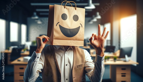 a man with a paper bag on his head with a picture of happy emotions, okey hand gesture
