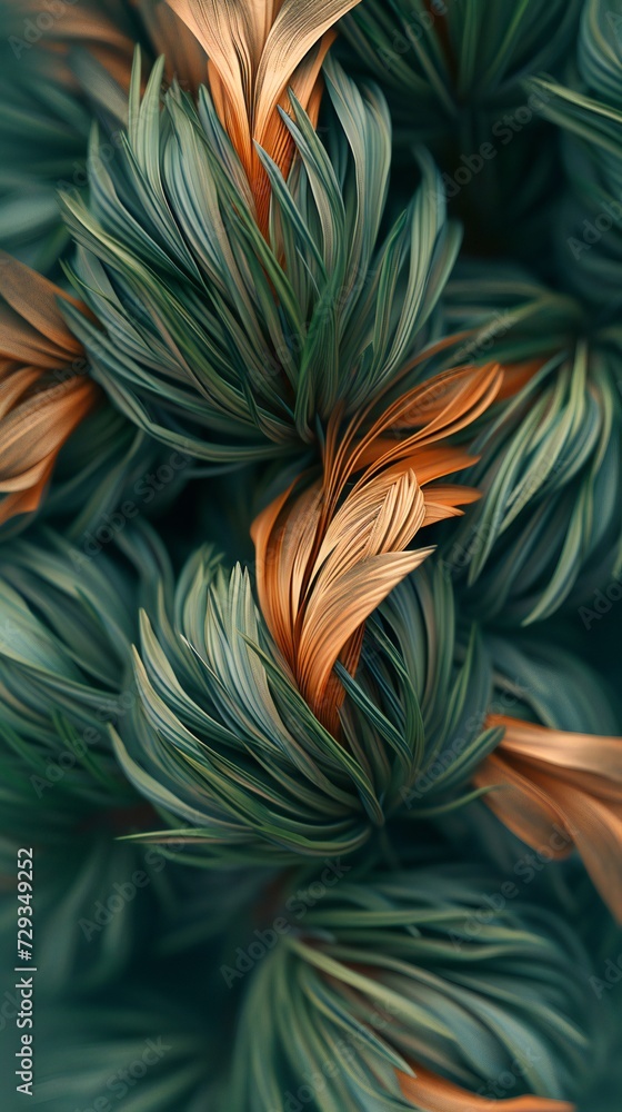 Merging dry pine and fir leaves to create serene, flowing shapes in a macro view. Merging dry pine and fir leaves to create serene, flowing shapes in a macro view.
