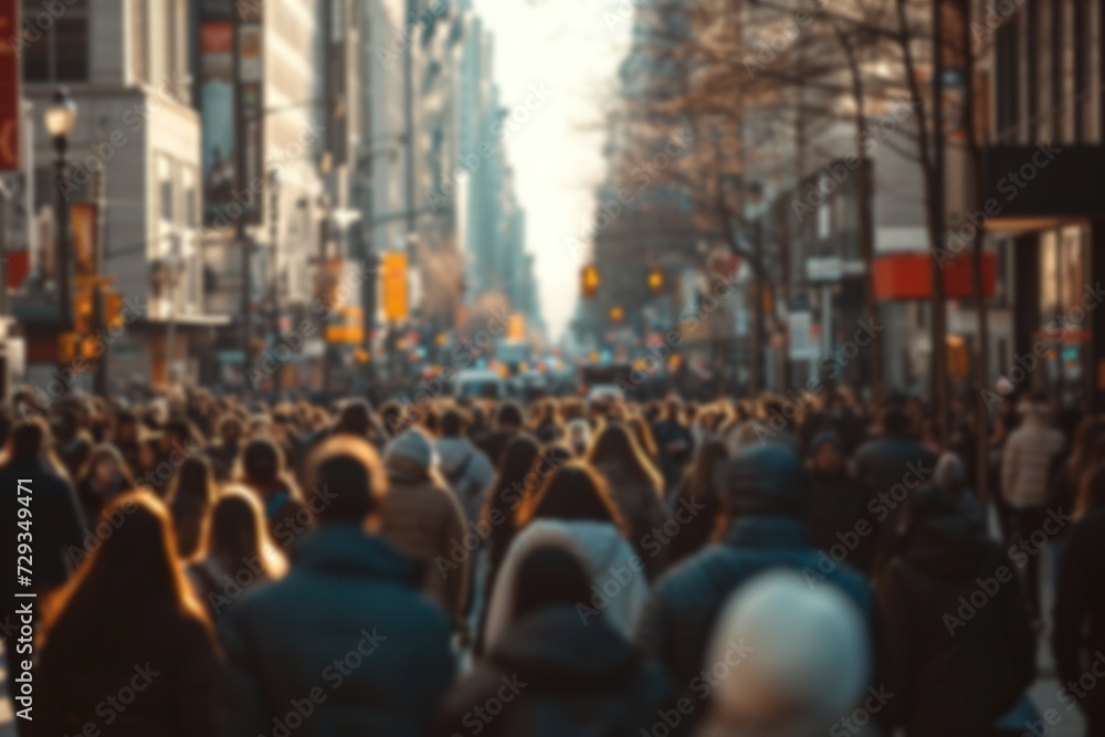 A Bustling City Street A Sea of People Walking Amidst Urban Architecture, Illuminated by the Warm Glow of Sunset