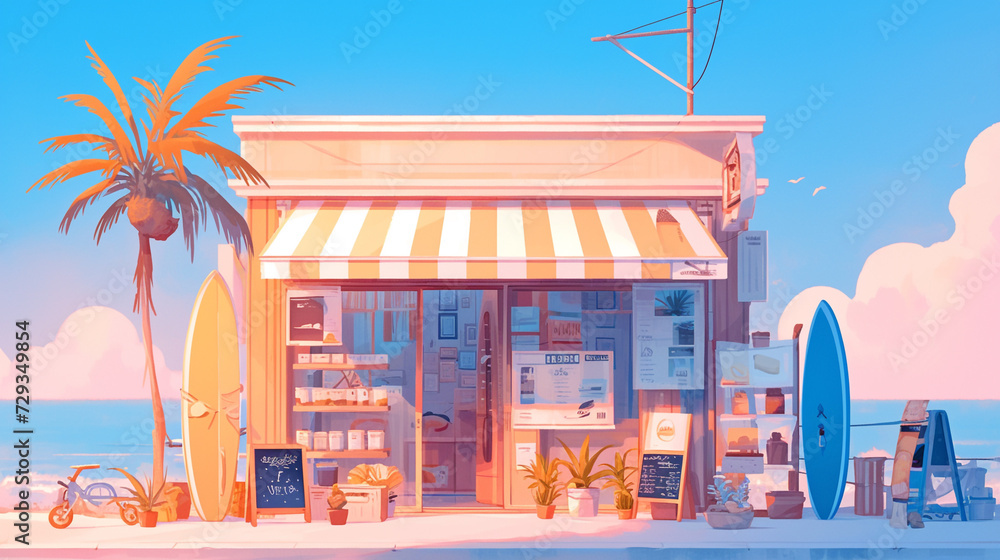 A beach-themed shoe store facade with pastel colors, surfboard displays, and a sand-filled entranceway for a laid-back vibe.