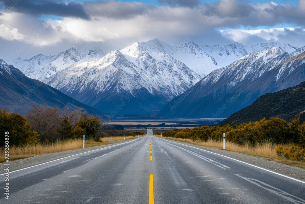 Fototapeta premium road by new zealand mountains with snow.