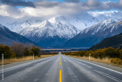 road by new zealand mountains with snow. © imlane
