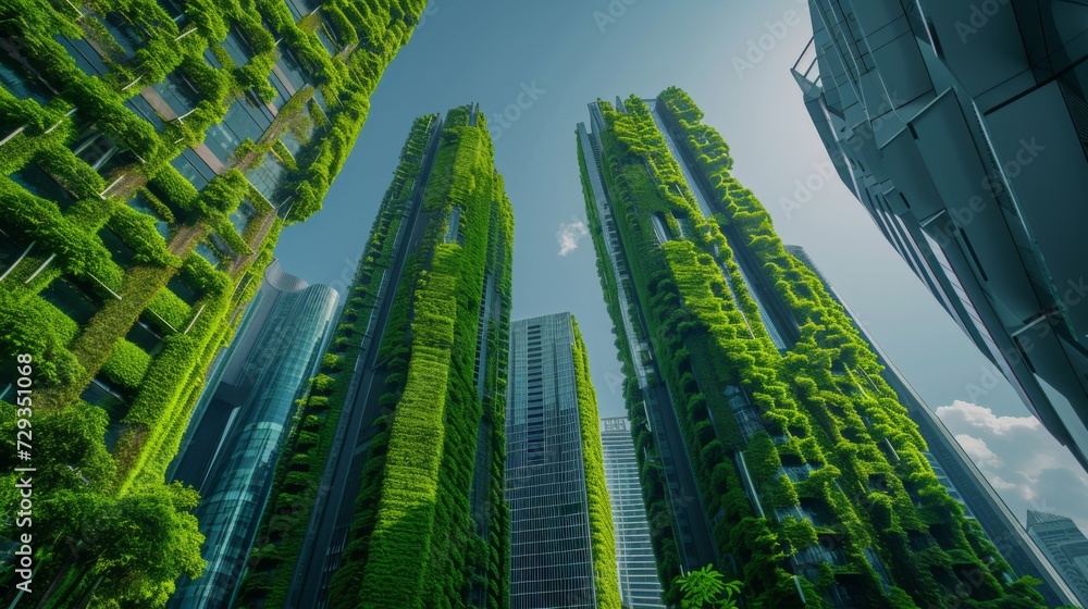 Obraz premium Ivy-Covered Towers in Sustainable Urban Design. Lush ivy climbs high on eco-sustainable urban towers, blending with the sky.