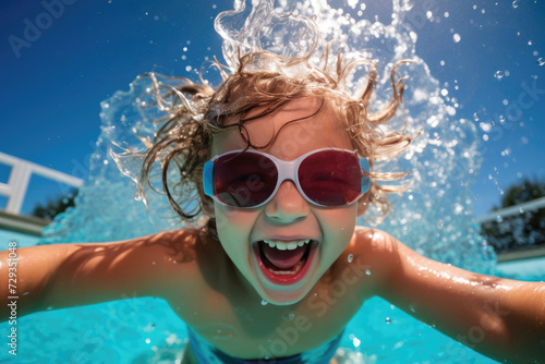 Swimming boy: Exuberant child with sunglasses enjoying a sunny day in the pool, laughter and water splashes highlighting the joy of summer. © Sascha