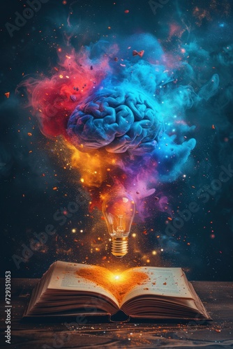 Innovation education Intelligence collage with open book, brain, light bulb and colorful smoke, wallpaper, generative AI photo