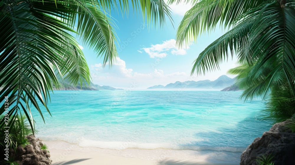 Tropical Beach Paradise Realism. A hyperrealistic tropical beach paradise with crystal clear waters and lush palms.