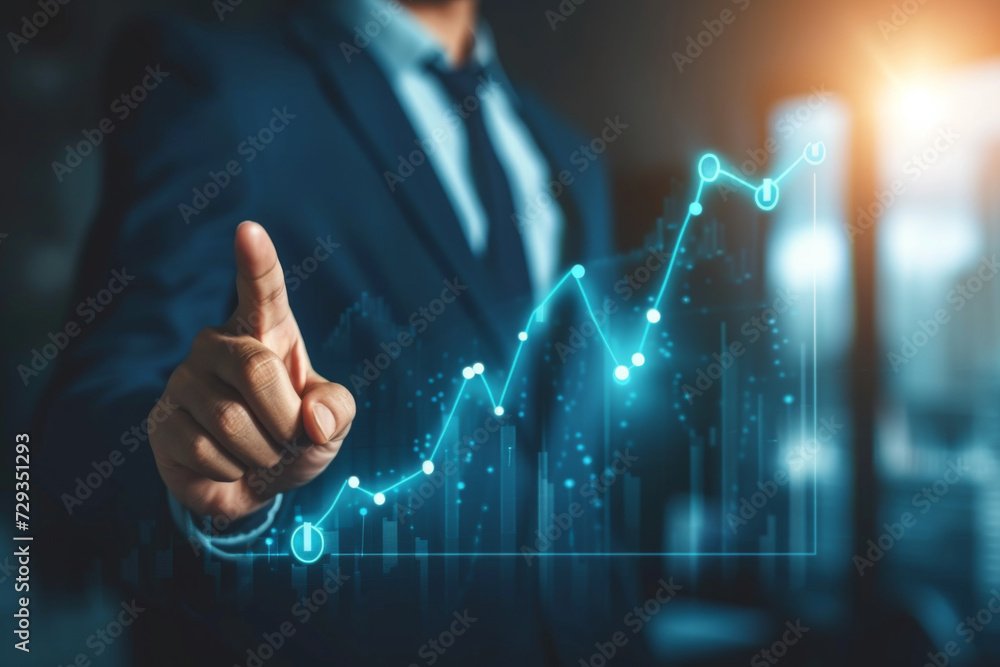 Businessman pointing increase arrow graph corporate future business goals on year 2024 planning and strategy business development concept Businessman pointing increase arrow graph corporate future business goals on year 2024 planning and strategy business development concept