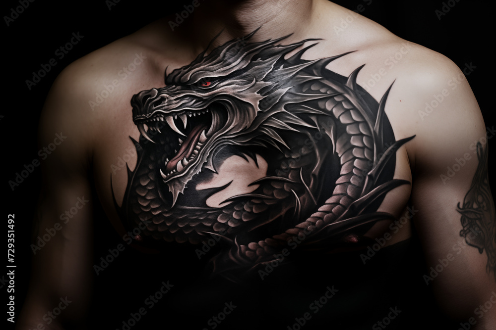 Black dragon tattoo on skin. Black dragon tattoo on chest. Men's tattoo ...