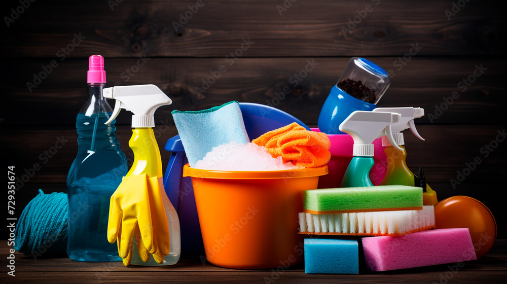 a bucket of cleaning supplies on a table a bucket of cleaning supplies on a table