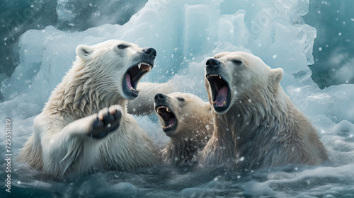 three polar bears are in the water with their mouths open