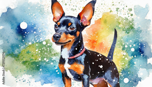 Watercolor portrait of a miniature pinscher dog. Pinscher with white spot. White accent: Beauty in diversity