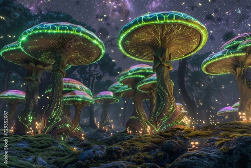 Glowing Mushrooms in a Misty Fantasy Forest. A forest scene with towering mushrooms emitting a mystical glow.