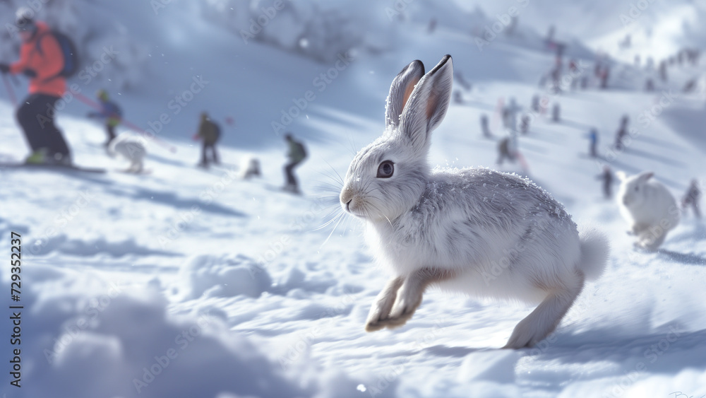 Mountain Chase: An Arctic Hare Running Among Skiers Mountain Chase: An Arctic Hare Running Among Skiers