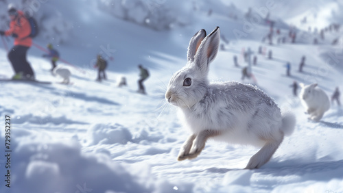 Mountain Chase: An Arctic Hare Running Among Skiers
