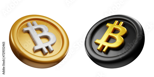 Bitcoin or BTC Black Gold And Gold Silver Coin 3d Set rendering cryptocurrency illustration cartoon style, blockchain or cryptocurrency design