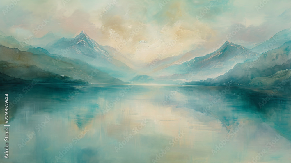 Painting of mountain and river.