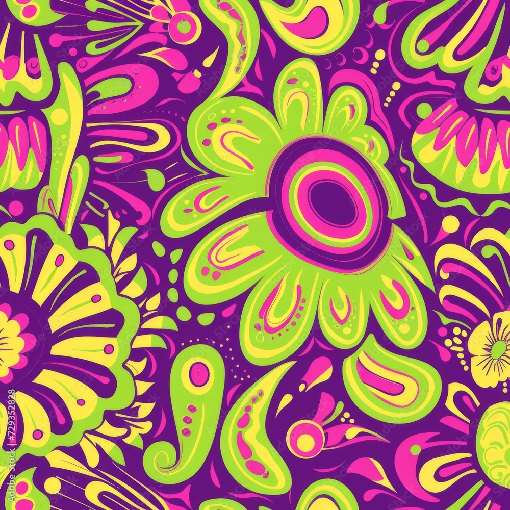 Lush Greenery Latin Pattern Design. Seamless green and purple pattern with tropical floral motifs.