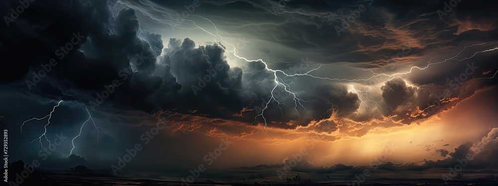 A dramatic stormy sky, with dark clouds swirling and lightning striking in the distance, creating a sense of danger and excitement