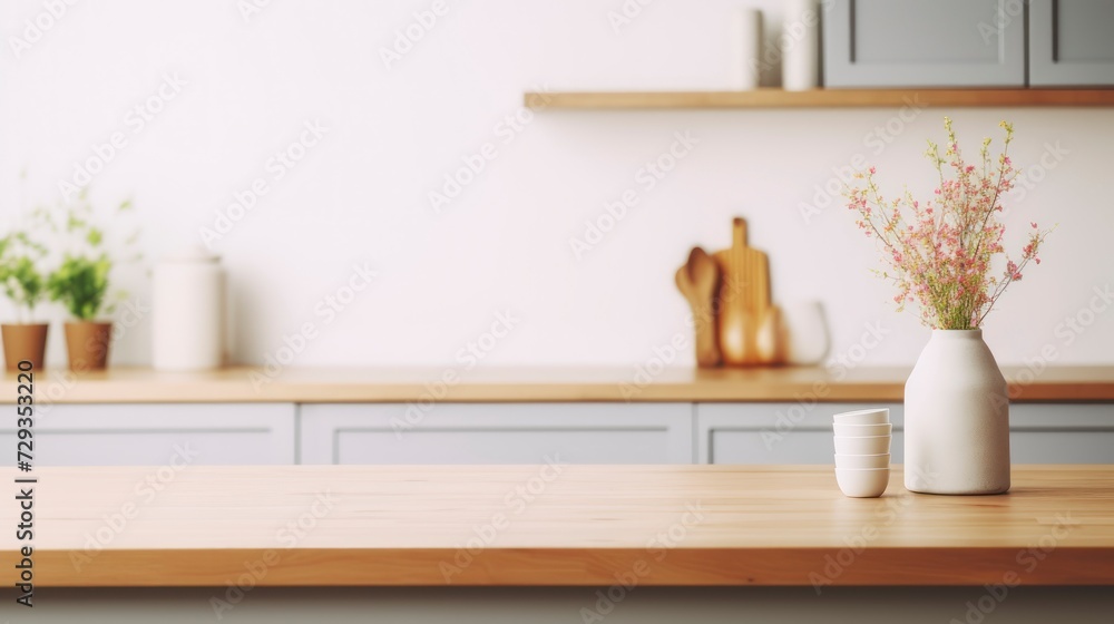 Empty dinning table with blurred kitchen background