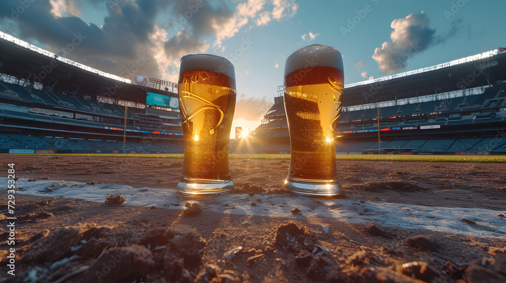 Cinematic wide angle photograph of two beer pint glass Cinematic wide angle photograph of a beer pint glass at a running track. Product photography. Product photography. - obrazy, fototapety, plakaty 