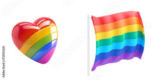 A collection of LGBTQ  pride symbols featuring rainbow-colored hearts and the gay flag  Basic 3D cartoon rendering  Isolated on Transparent Background  PNG