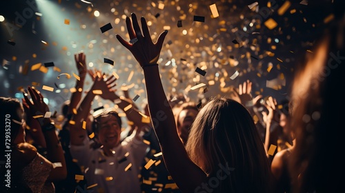 A cheerful group of people rejoices at the roof open-air nightclub and throws confetti. People are drinking, dancing and having a good time at the party