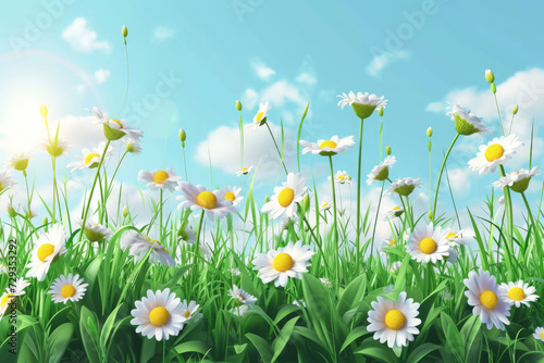 Green grass chamomile dandelion cartoon illustration.