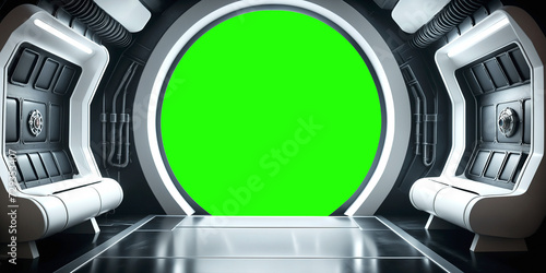 Futuristic Spaceship interior mockup with window view. Greenscreen for compositing.