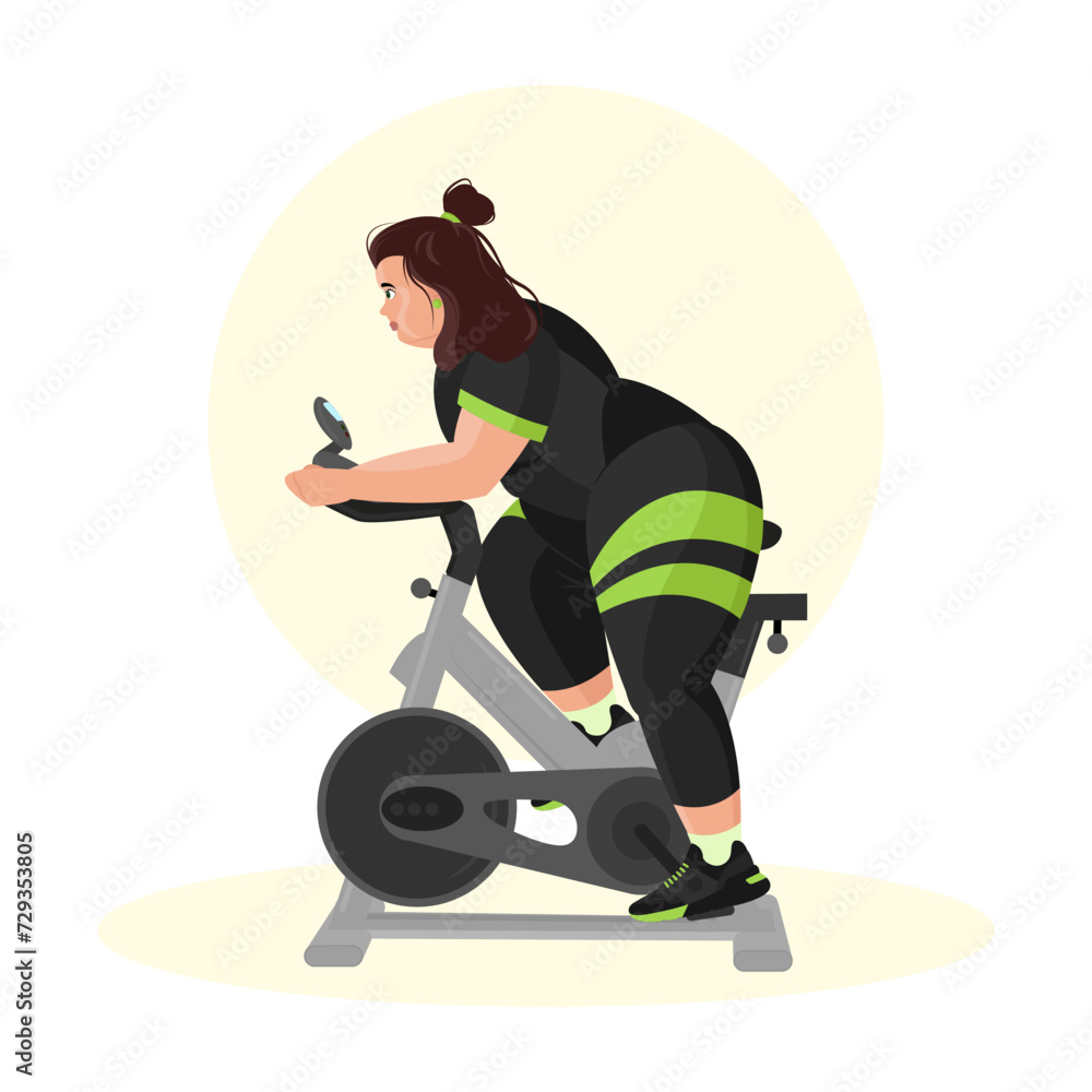 Illustration of an overweight girl working out in the gym. Fitness girl. Overweight. Losing weight. Sport exercises. Illustration of an overweight girl working out in the gym. Fitness girl. Overweight. Losing weight. Sport exercises.