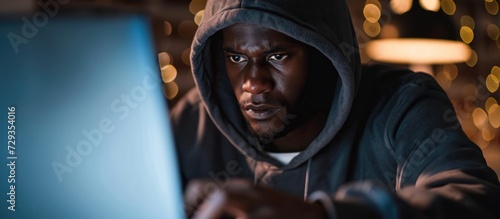 A focused individual of African descent, wearing a hood, involved in illicit online behavior by unlawfully accessing a computer network. photo