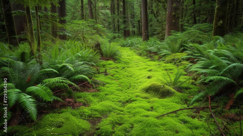Fototapeta premium Mossy Forest Floor and Ferns. Verdant moss-covered forest ground surrounded by ferns.