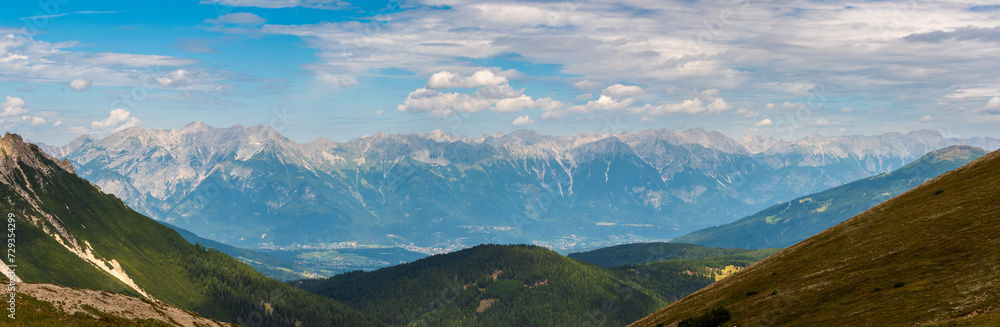 Panoramic summer view of the Tux Alps and the Wipptal valley, Tyrol, Austria.
