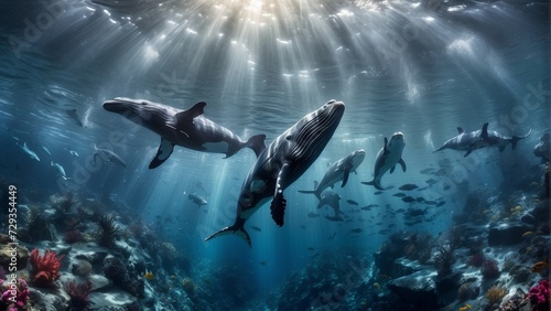Whale swimming underwater in the ocean. Underwater world