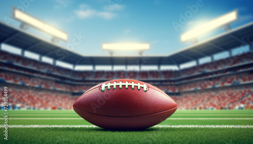 Close-up of a football lying on the playing field in a large stadium or football arena. Arena stands with spectators and spotlights in background. Copy space for message. Promotion for football event.