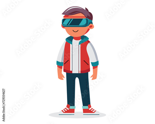 technology vr virtual reality kid  vector.  headset device, tech modern, digital entertainment technology vr virtual reality kid character. people flat cartoon illustration