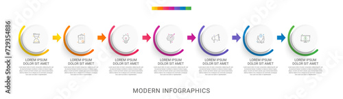 Business vector infographics with 7 circles and arrows. Timeline visualization with seven steps for diagram, flowchart, banner, presentations, web, content, levels, chart, graphic