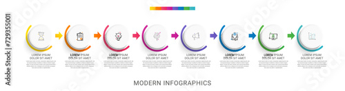 Business vector infographics with 8 circles and arrows. Timeline visualization with eight steps for diagram, flowchart, banner, presentations, web, content, levels, chart, graphic