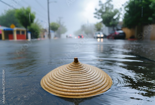 A lone hat drifts aimlessly in the rippling water, a stark contrast to the bustling street below and the serene sky above, while a nearby tree stands witness to this outdoor mystery photo