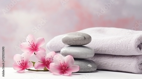 Beautiful spa composition for Valentine s Day with flowers  towel  hearts and stones on light background