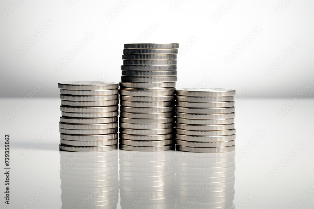 stacks of coins standing on a smooth white surface stacks of coins standing on a smooth white surface